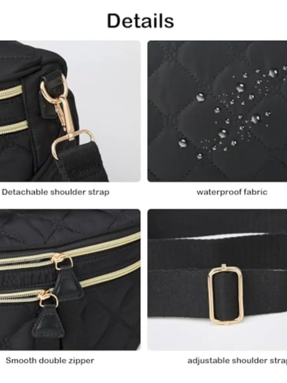 Quilted Crossbody Bag with RFID Blocking Detachable Pouch Waterproof Nylon